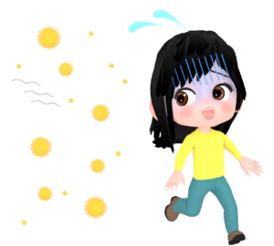 大量の花粉から逃げる女性のイラスト
