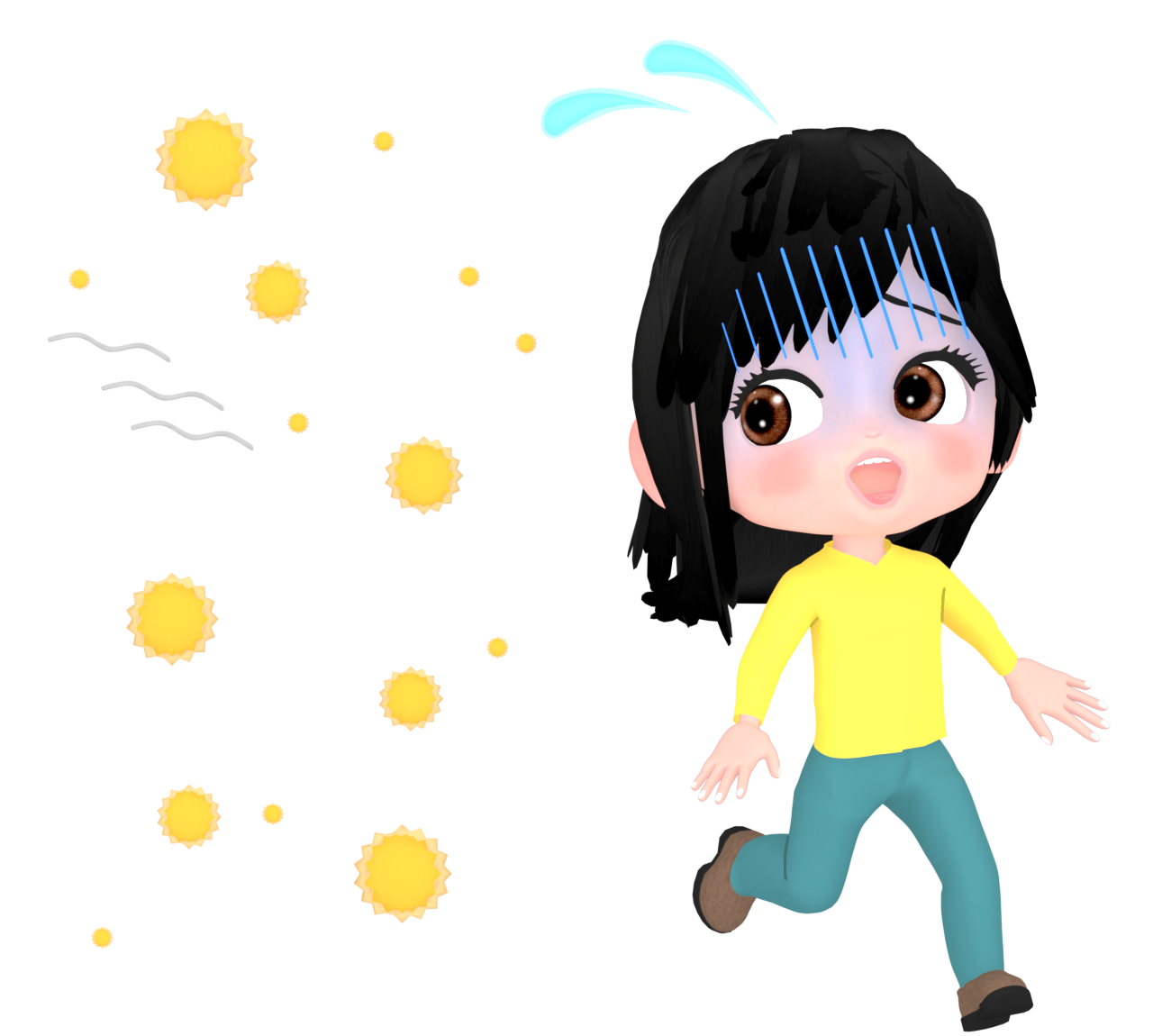 大量の花粉から逃げる女性のイラスト