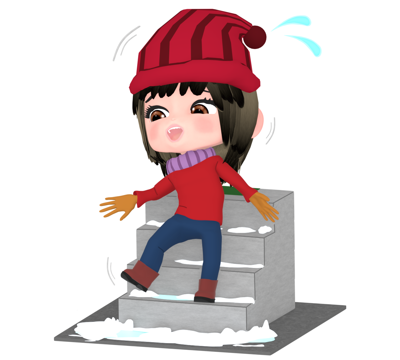凍る階段で滑る女性のイラスト