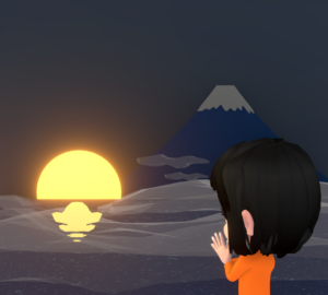 1月1日に初日の出を拝む女性のイラスト