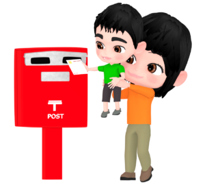 女性が男の子を抱えてポストに投函をするイラスト