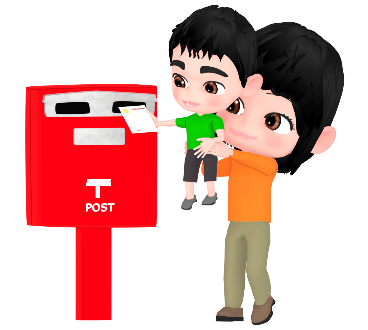 女性が男の子を抱えてポストに投函をするイラスト