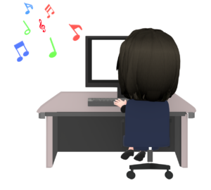 仕事をしながら音楽を聴くOLのイラスト