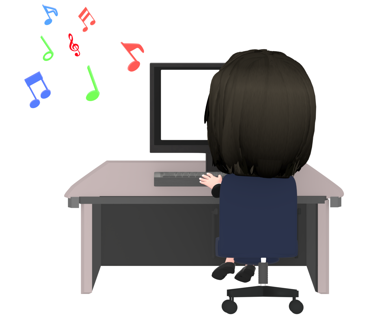 仕事をしながら音楽を聴くOLのイラスト