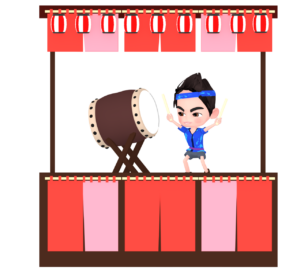 お祭りのやぐらで太鼓を叩く男性のイラスト