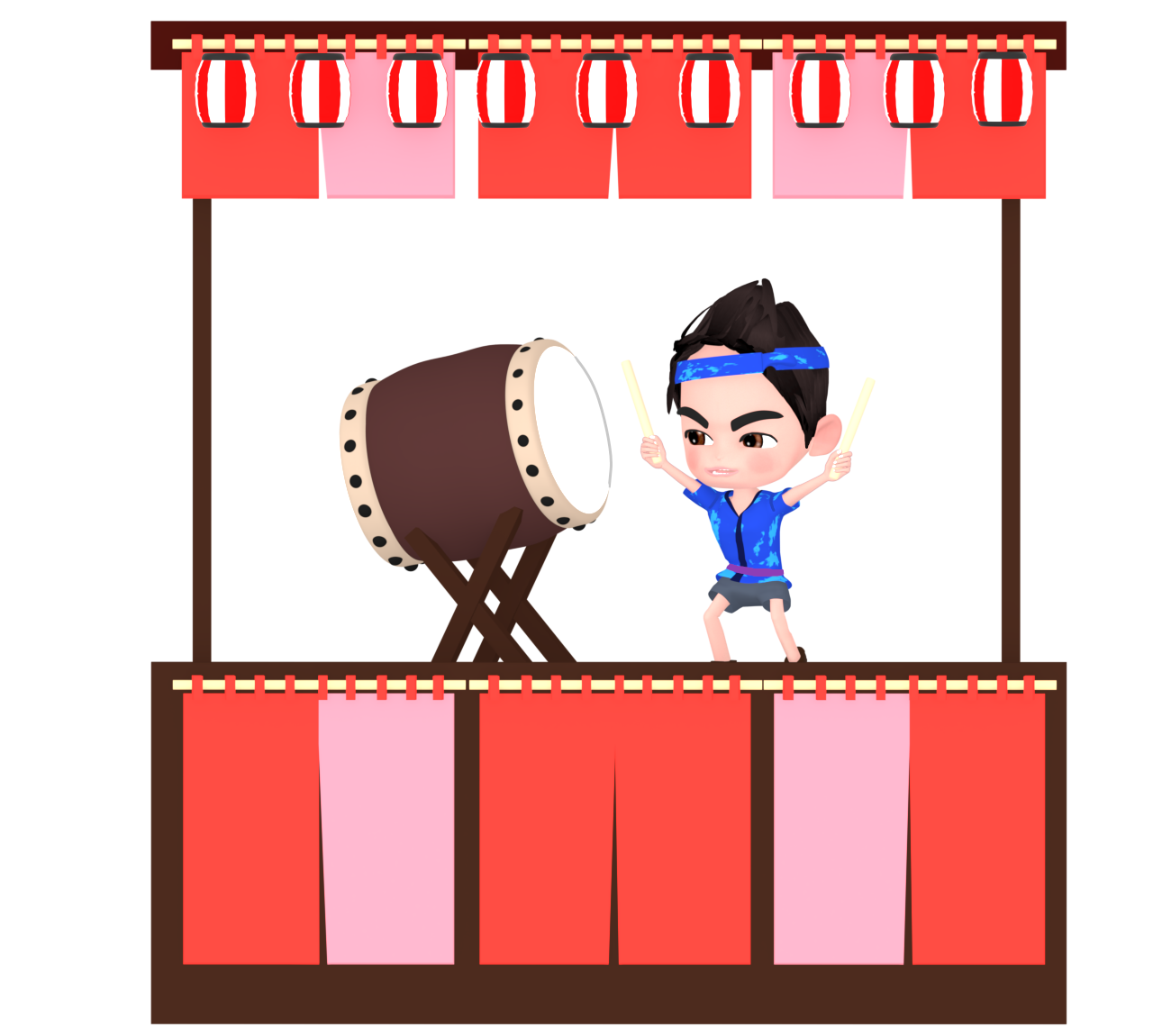 お祭りのやぐらで太鼓を叩く男性のイラスト