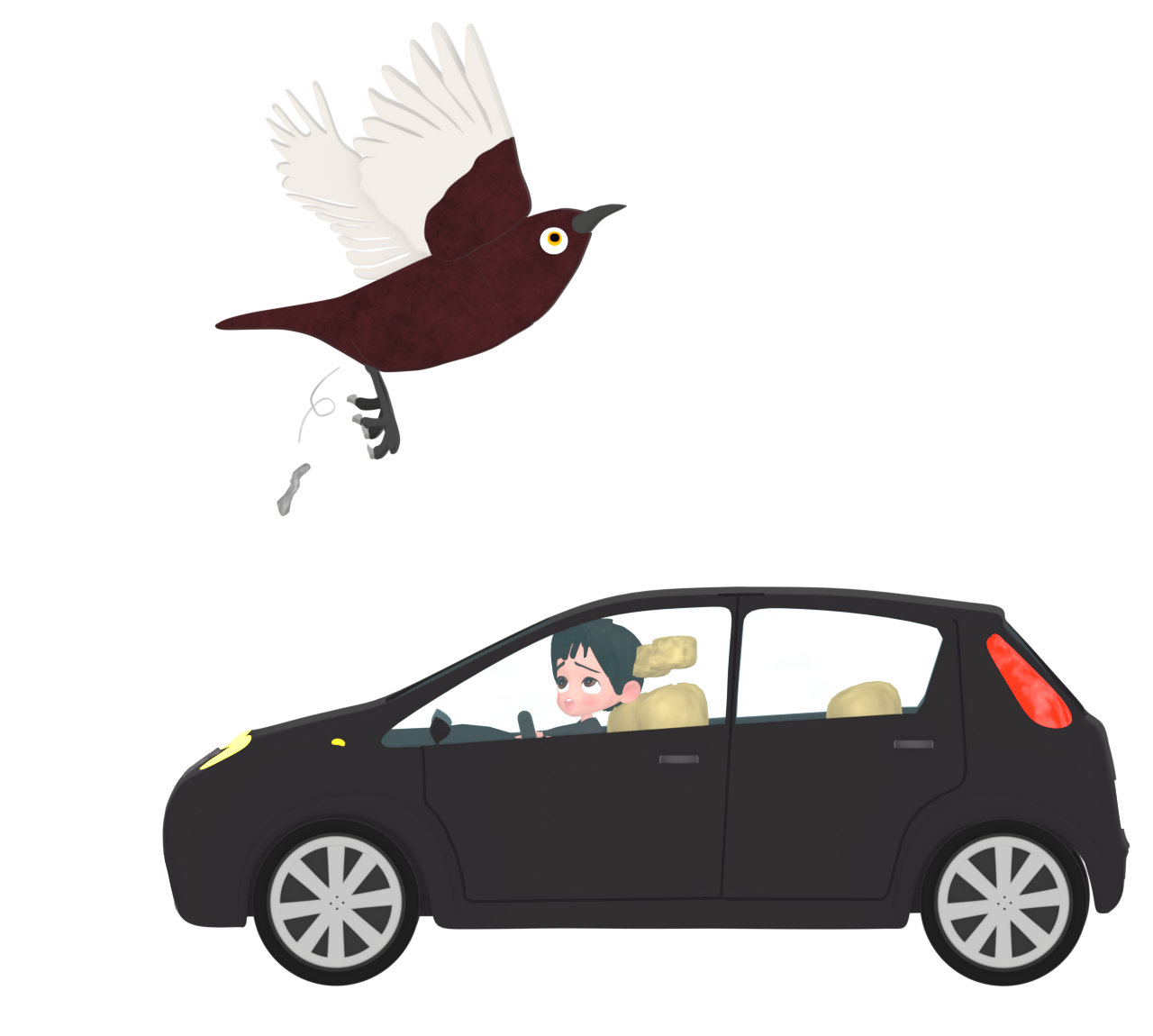 車にフンを落とす鳥のイラスト