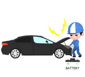 車のバッテリーを交換する整備士のイラスト