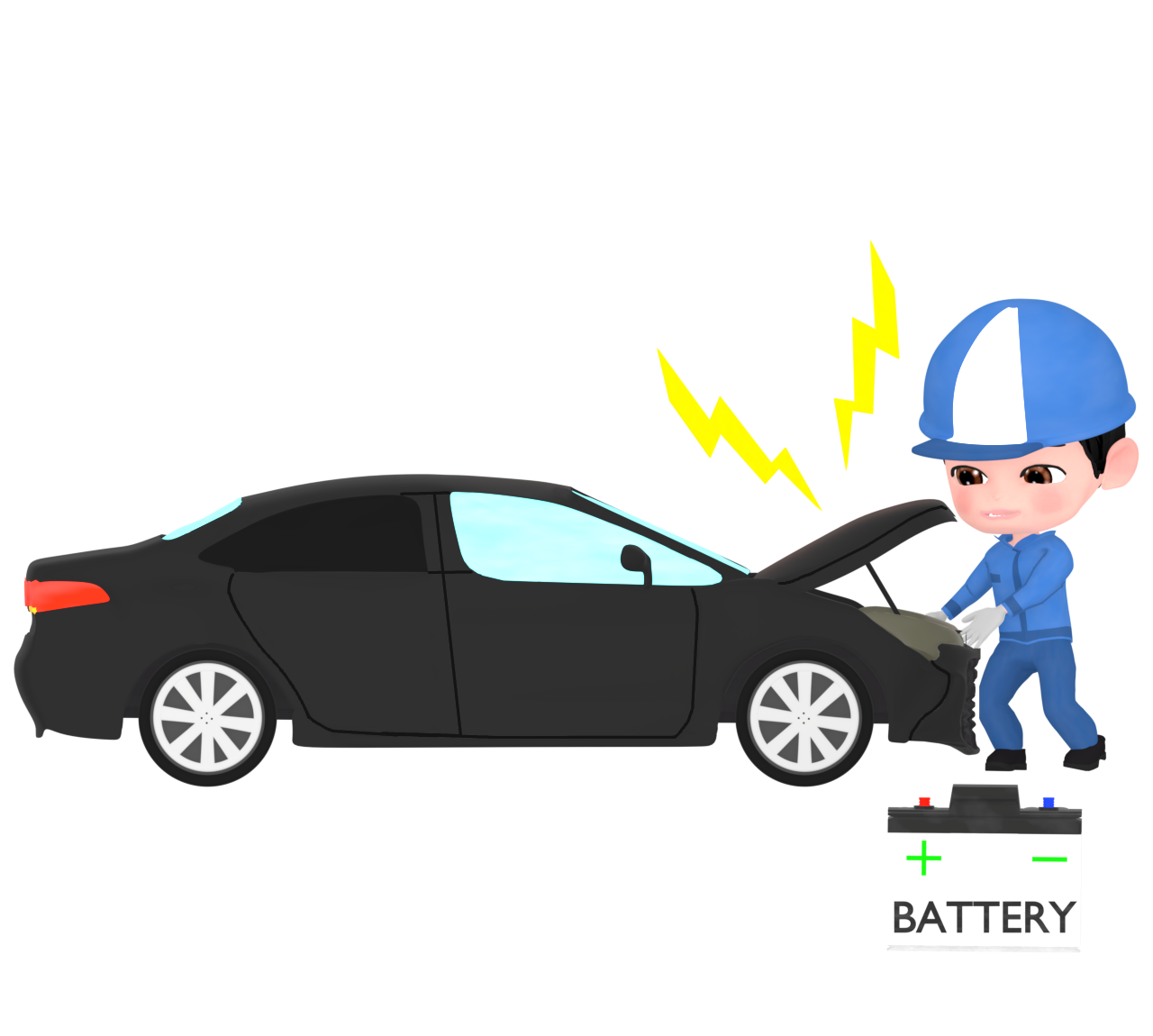 車のバッテリーを交換する整備士のイラスト