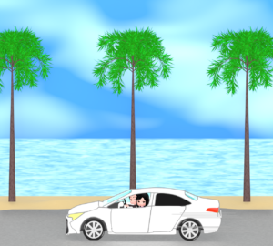 海沿いをドライブするカップルのイラスト
