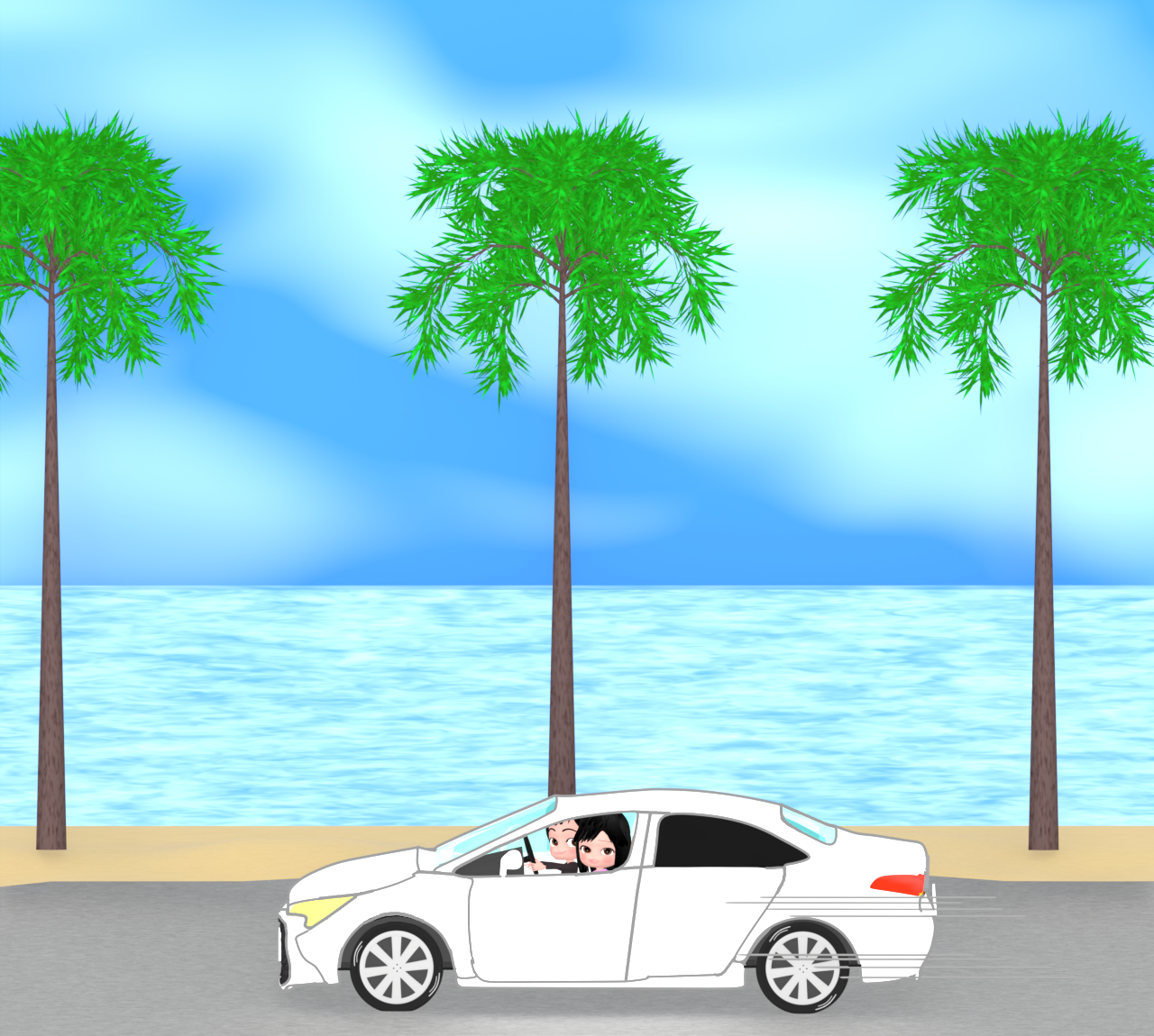 海沿いをドライブするカップルのイラスト