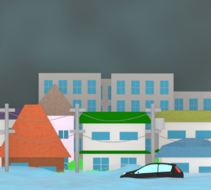 洪水で水没をした家と車のイラスト
