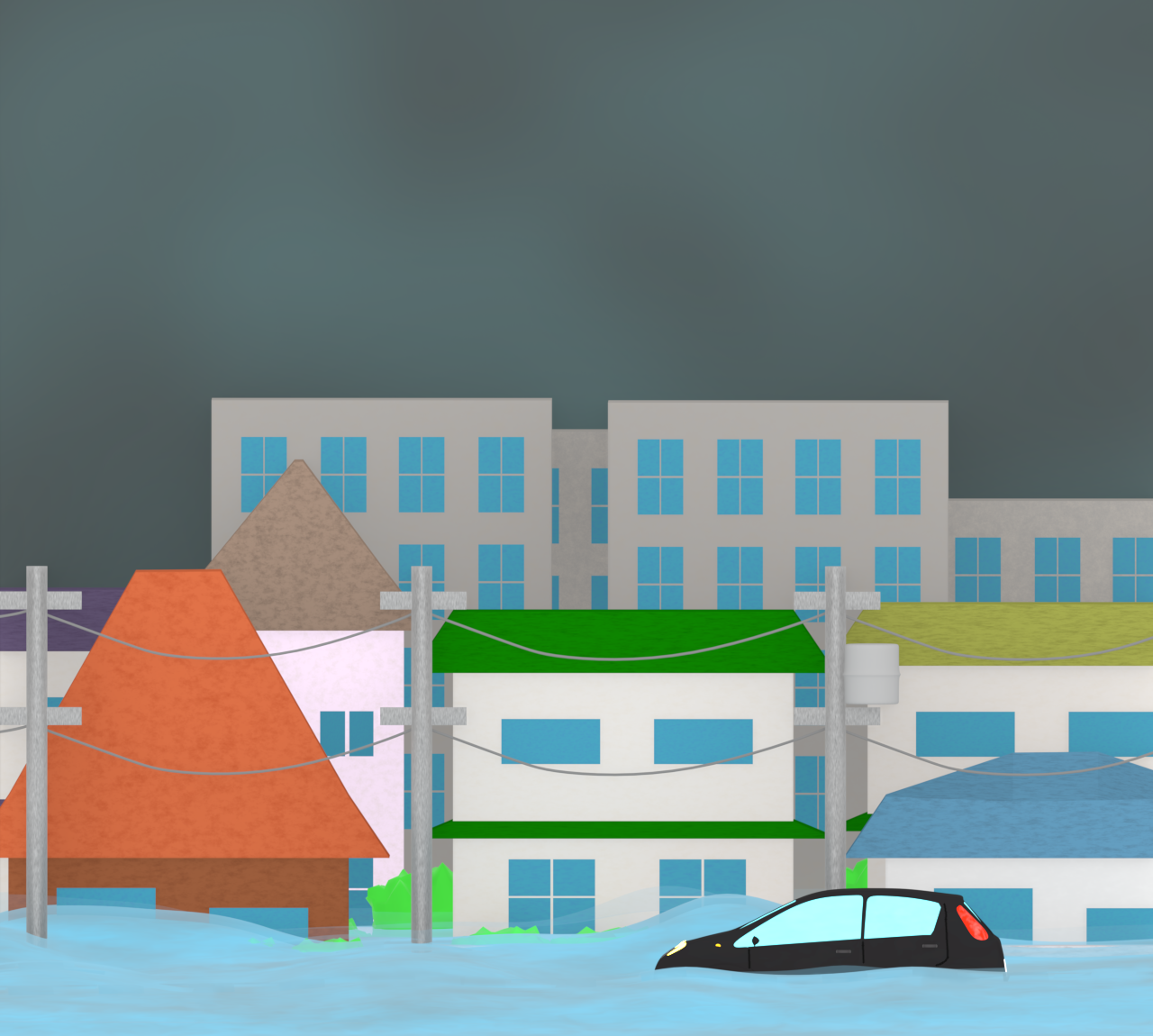 洪水で水没をした家と車のイラスト