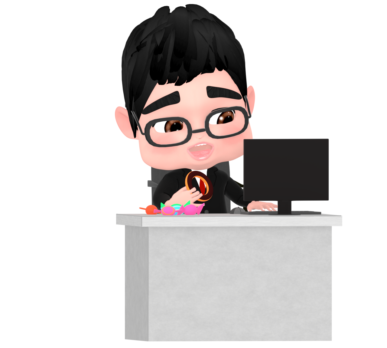仕事中にお菓子を食べる会社員のイラスト