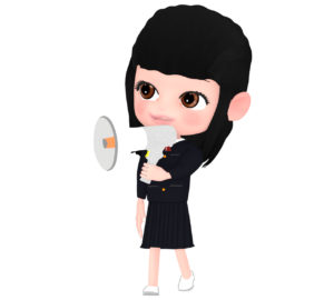 拡声器で話す笑顔の女子学生のイラスト