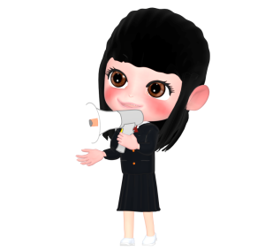 拡声器で話す笑顔の女子学生のイラスト