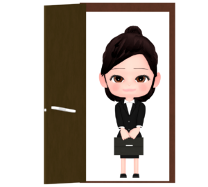 開いたドアにいる女性会社員のイラスト