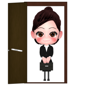 開いたドアと女性会社員のイラスト