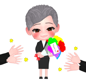 定年退職で花束を貰う女性のイラスト