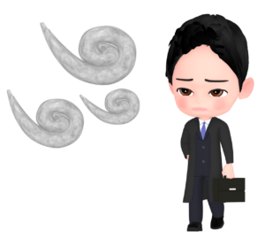強風に吹かれて歩く会社員のイラスト