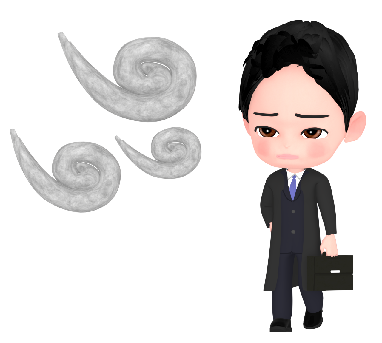 強風に吹かれて歩く会社員のイラスト