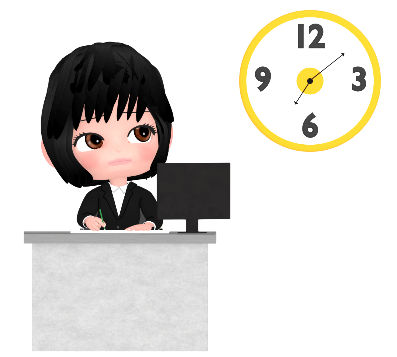掛け時計を見る女性会社員のイラスト