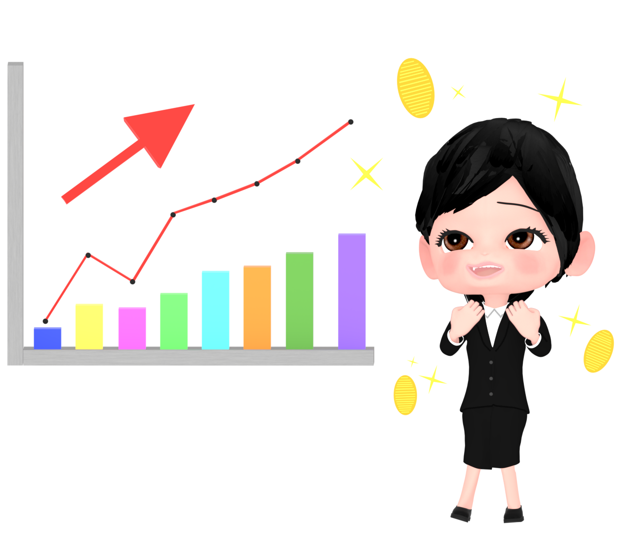 業績がアップして喜ぶ女性会社員のイラスト
