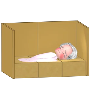 ダンボールベッドで眠る女性のイラスト