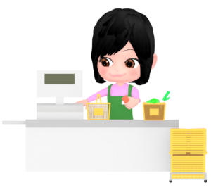 レジ打ちをする女性店員のイラスト