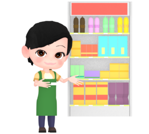 コンビニで商品案内をする女性店員のイラスト
