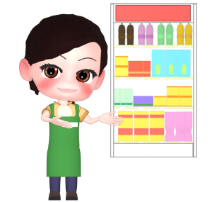 コンビニで商品案内する女性店員のイラスト