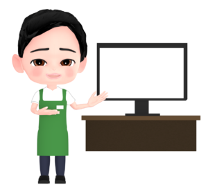 モニターで案内をする店員のイラスト