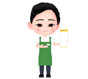 スマホの画面を見せる男性店員のイラスト