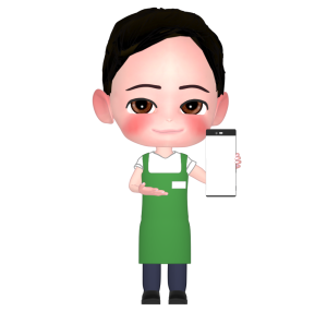 スマホの画面を見せる男性店員のイラスト