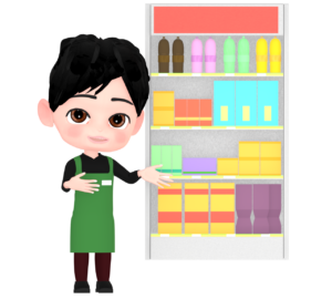 スーパーで商品の案内をする店員のイラスト