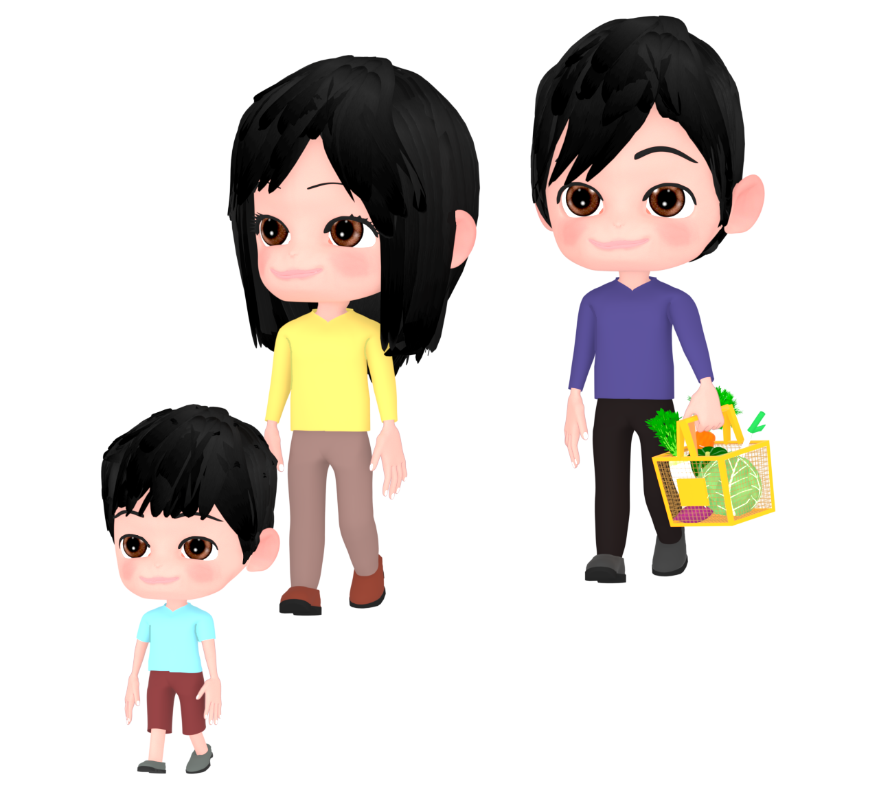 スーパーで買い物をする家族のイラスト