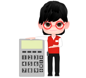 電卓を見せる家電販売員のイラスト
