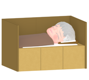 ダンボールベッドで眠る女性のイラスト