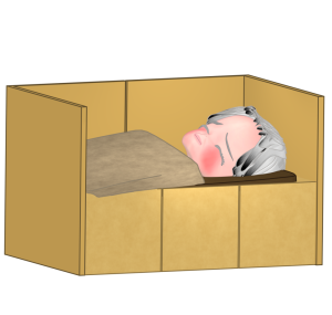 ダンボールベッドで眠る女性のイラスト