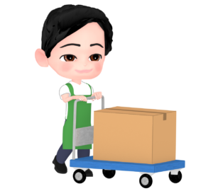 台車で荷物を運ぶ男性店員のイラスト