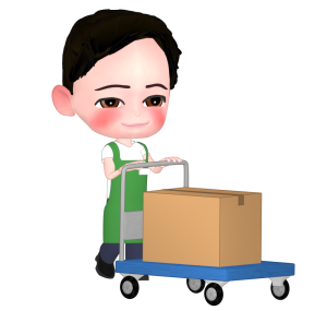 台車で荷物を運ぶ男性店員のイラスト
