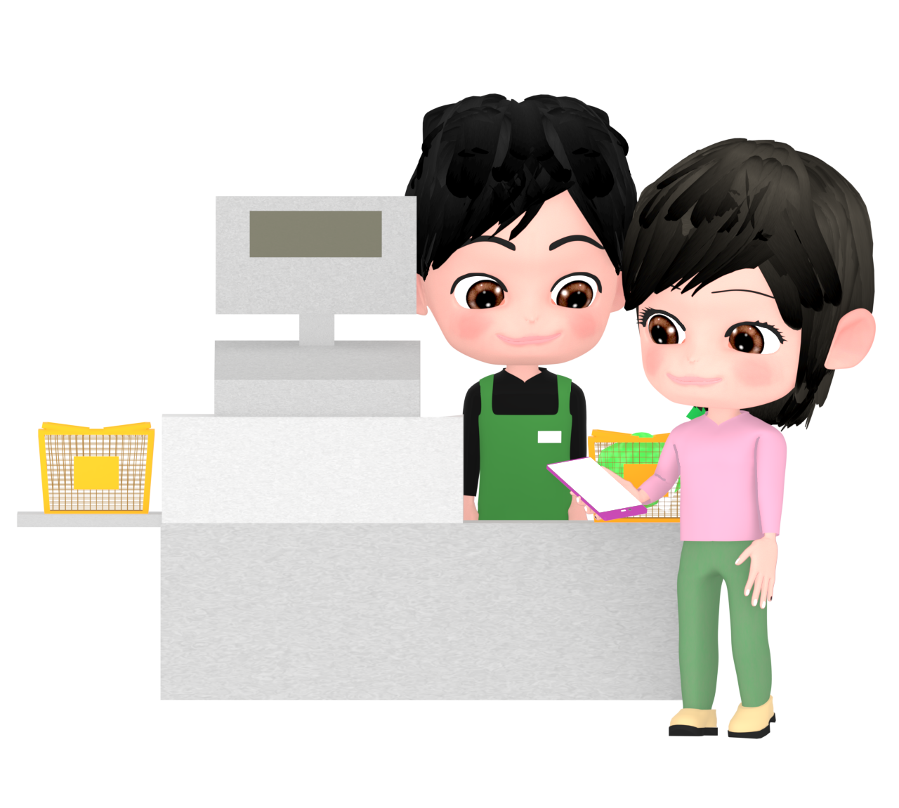 レジでスマホ決済をする女性のイラスト