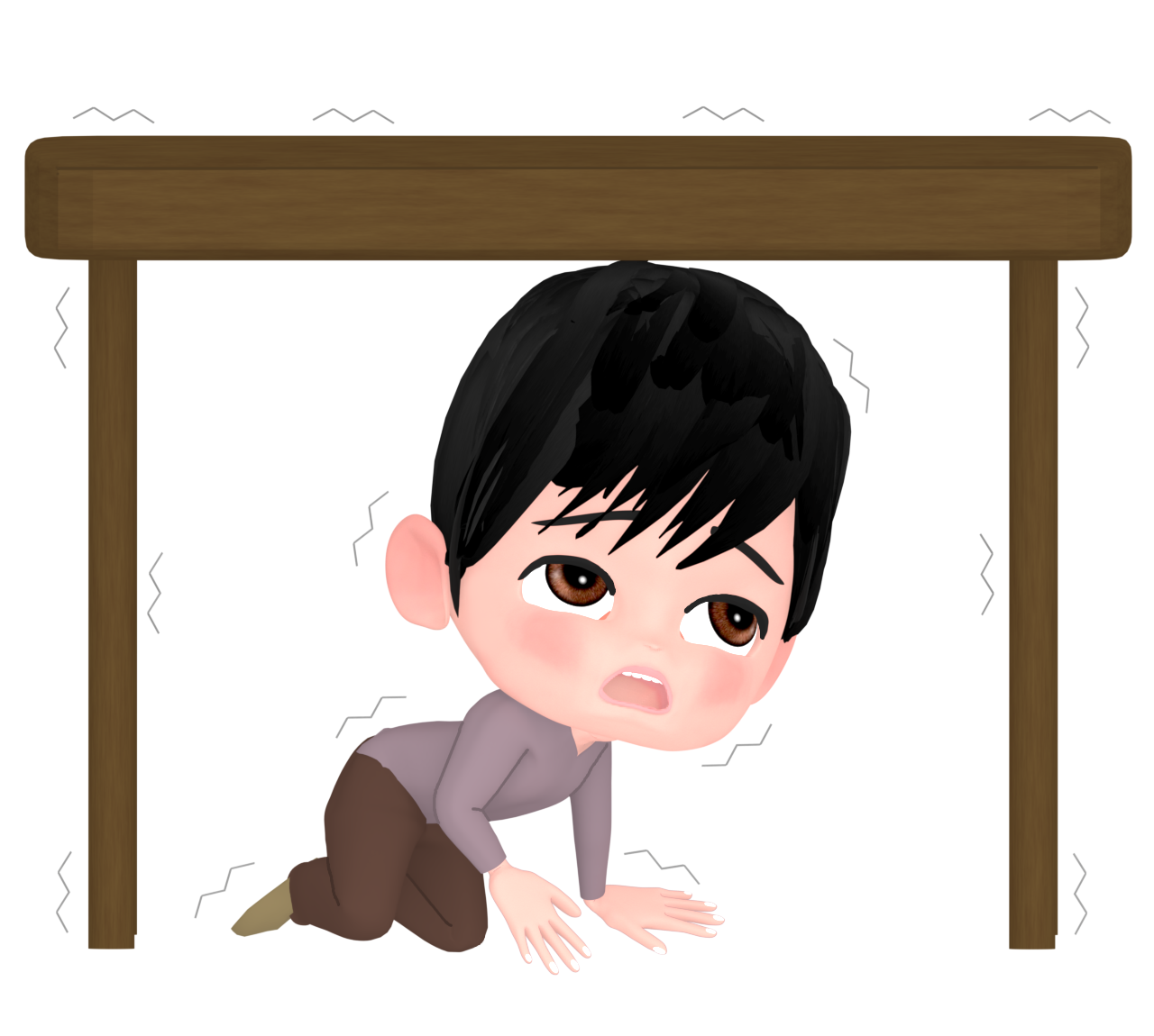 地震で机の下に避難をする人のイラスト