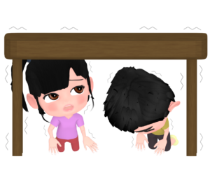 地震！机の下に隠れる子供のイラスト