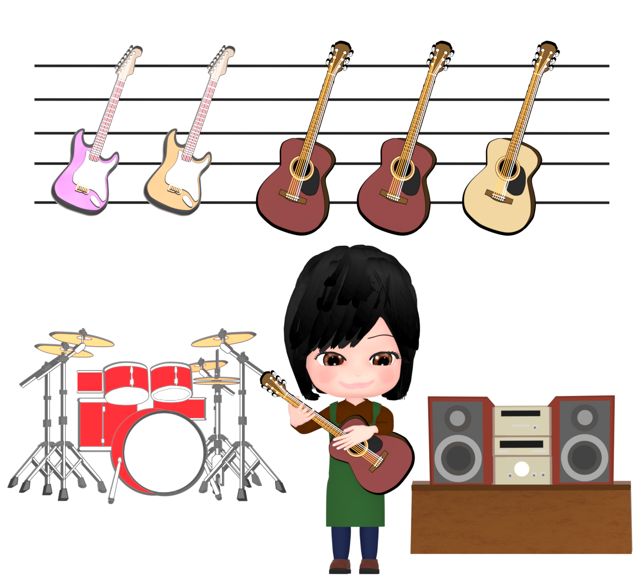 楽器屋の女性店員のイラスト