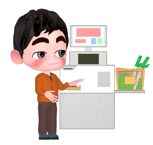 セルフレジで会計する男性のイラスト