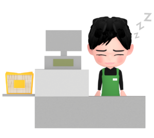 寝ながらレジに立つ店員のイラスト