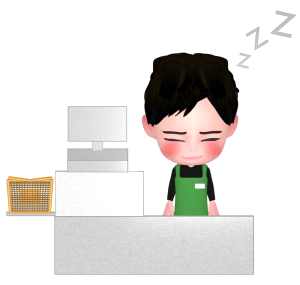 寝ながらレジに立つ店員のイラスト