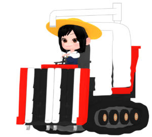 コンバインで収穫をする女性のイラスト