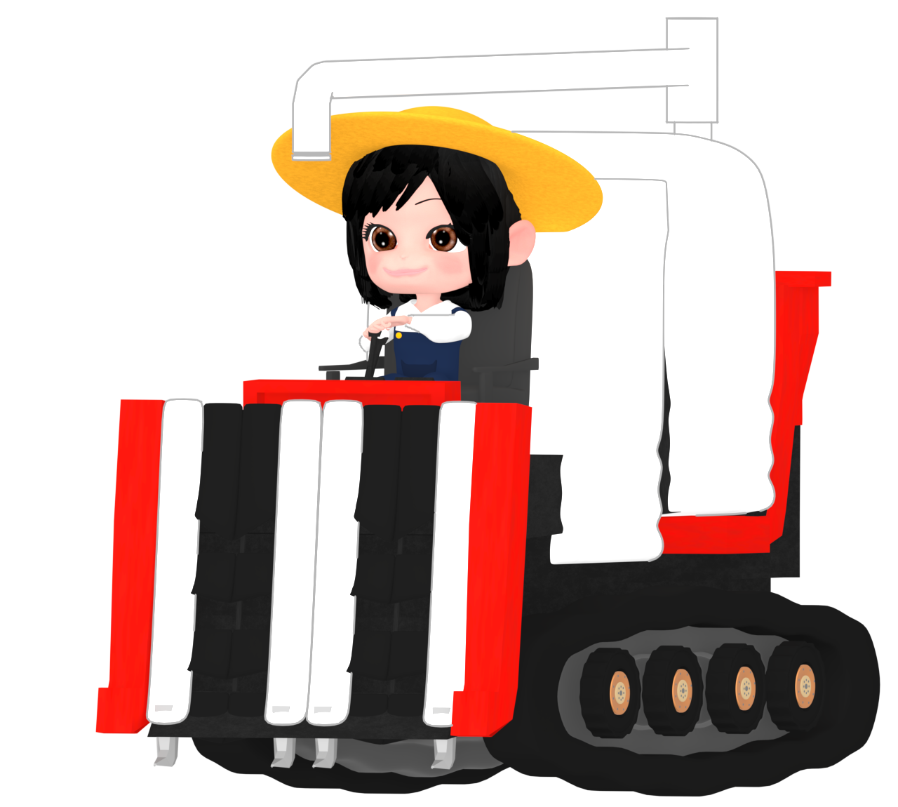 コンバインで収穫をする女性のイラスト